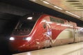 Thalys international train from Amsterdam to Paris along platform at station Schiphol Airport in Amsterdam