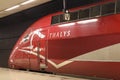 Thalys international train from Amsterdam to Paris along platform at station Schiphol Airport in Amsterdam