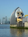 Thames Barrier Pier & Docklands in distance. London. UK