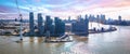 Thames river Greenwich Peninsula and Canary Wharf in London panoramic view from cable car Royalty Free Stock Photo