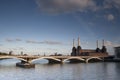 Thames River Grosvenor Rail Bridge Battersea Power Station blue sky white clouds Royalty Free Stock Photo