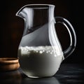 Less than half filled jug of fresh milk. Dairy product in the glass pitcher. Black backdrop. Generative AI Royalty Free Stock Photo