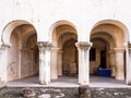 An arcaded hallway at the ancient Maratha Palace museum in the town of Thanjavur