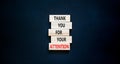 Thank you for attention symbol. Concept words Thank you for your attention on wooden blocks on a beautiful black table black Royalty Free Stock Photo