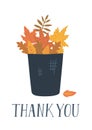 Thank you. Autumn leaves in the bucket with handwritten text.