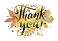 Thank you banner with lettering and autumn leaves. Thanksgiving element