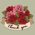 Thank you banner, Vintage Bouquet of roses flowers with a curved ribbon for your text. Greeting card, invitation, recognition, com Royalty Free Stock Photo