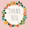 Thank you card. Bright floral frame on pink background