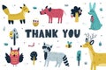 Thank you card with cute forest animals. Woodland characters background Royalty Free Stock Photo