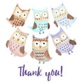 Thank you card with cute owls Royalty Free Stock Photo