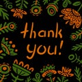 Thank you card. Doodle flowers square frame flat vector illustration. Fabulous plants on black background. Two color