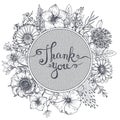 Thank you card with hand drawn flowers, leaves and branches