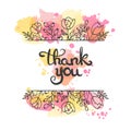 Thank you card. Hand drawn lettering design. Greeting card with flowers. Line art style. Royalty Free Stock Photo