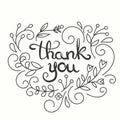 Thank you card. Hand drawn lettering design. Greeting card with flowers. Line art style. Vector illustration. Royalty Free Stock Photo