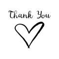 Thank you card. Ink illustration. Black text and heart Isolated Royalty Free Stock Photo