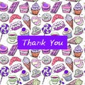 Thank you card, note. Hand drawn confectionery seamless pattern croissant Cupcake candy marshmallow ice cream cake donut and