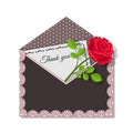 Thank you card and rose flower on dark envelope, decorated lace and polka dots Royalty Free Stock Photo