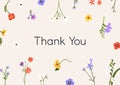 Thank You card with spring flowers. Floral botanical postcard template, background design. Nature backdrop with field