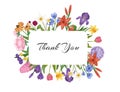 Thank you card with spring flowers, floral card with garden botanical frame vector illustration.