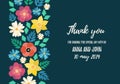 Thank you card, style wedding invitation with flat flower frame background, hand drawn floral elements label. Vector design
