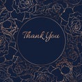 Thank you card template. Rose peony flowers bloom blossom wreath round circle decoration. Copper gold shiny outline.