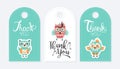 Thank You Card Templates Set with Cute Colorful Hand Drawn Owls, Collection of Tags Templates, Baby Shower, Birthday Royalty Free Stock Photo