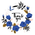 Thank you card in wreath of blue abstract flowers.