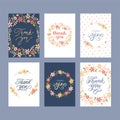 Thank you cards. Hand written postcard with words of gratitude, greetings lettering with flowers decoration vector set Royalty Free Stock Photo