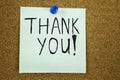 Thank you - colorful sticky notes with handwriting on cork bulletin board. Royalty Free Stock Photo
