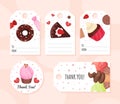 Thank you compliment cards with delicious sweet desserts set cartoon vector