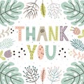 Thank you cute card with hand drawn leaves and plants