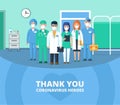 Thank you doctors, nurses and all medical staff. Heroes in hospital fight the spread of the coronavirus pandemic. Flat vector