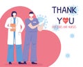 Thank you doctors and nurses, female physician and male nurse with protective mask Royalty Free Stock Photo