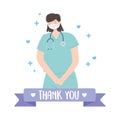 Thank you doctors and nurses, female physician with medical mask and stethoscope Royalty Free Stock Photo