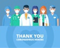 Thank you doctors. nurses and other medical staff. Hospital employees fight the spread of the coronavirus pandemic.Flat vector