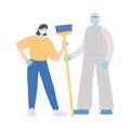 Thank you essential workers, cleaner woman with broom and doctor with protective suit, wearing face masks, coronavirus