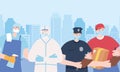Thank you essential workers, employess with uniform in the street, wearing face masks, various occupations, coronavirus Royalty Free Stock Photo