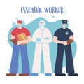 Thank you essential workers, male group employees, wearing face masks, various occupations, coronavirus covid 19 disease