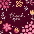 Thank you. Floral romantic greeting card with lettering and scandinavian flowers on dark background. Floral greeting cards, poster