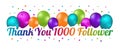 Thank You 1000 Follower Banner - Colorful Vector Illustration With Balloons And Confetti Stars