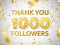 Thank you 1000 followers background with falling gold confetti and glitter numbers. 1k followers celebration banner