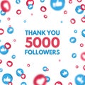 Thank you 5000 followers background with falling likes and thumbs up icon. Social media concept. Achievement poster. Celebrate new