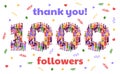 Thank you 1000 followers banner. Social media thousand subscriber milestone celebration party confetti and people crowd Royalty Free Stock Photo