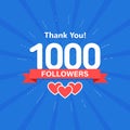 Thank you 1000 followers. Congratulation card. Web Social media concept. Blogger celebrates a many large number of