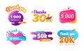 Thank You Followers Counter Banners Set. Posters Tags Stickers in Colorful Memphis Style with Typography