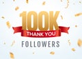 Thank you 100000 followers design template social network number anniversary. Social 100k users golden number friends Royalty Free Stock Photo
