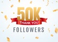 Thank you 50000 followers design template social network number anniversary. Social 50k users golden number friends Royalty Free Stock Photo