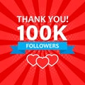 Thank you 100000 followers icon in flat style. Subscription amount vector illustration on isolated background. 100k follower sign