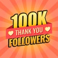 Thank you 100000 followers icon in flat style. Subscription amount vector illustration on isolated background. 100k follower sign