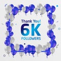 Thank you followers or subscribers, 6k or six thousand online social group, happy banner celebration. Blue and silver balloons